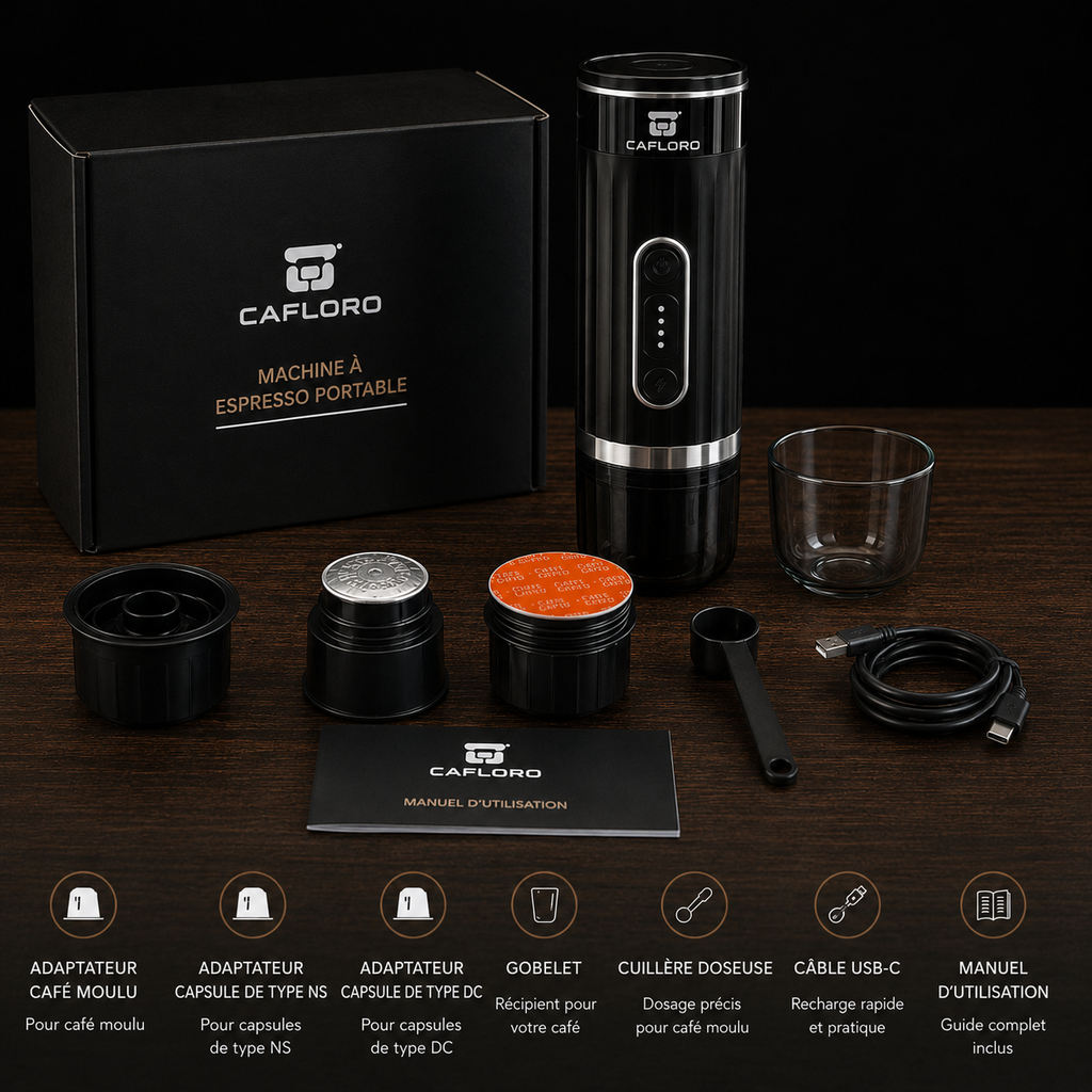 Contenu de la boîte de la machine à espresso portable CAFLORO : machine, boîte de rangement, adaptateurs café moulu et capsules, gobelet, cuillère doseuse, câble USB-C et manuel.