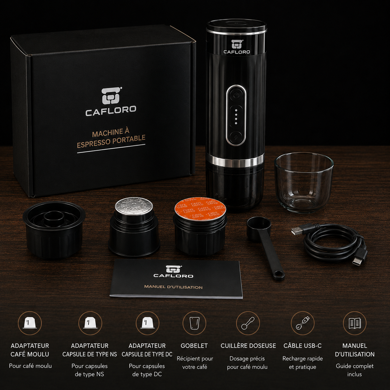 Contenu de la boîte de la machine à espresso portable CAFLORO : machine, boîte de rangement, adaptateurs café moulu et capsules, gobelet, cuillère doseuse, câble USB-C et manuel.