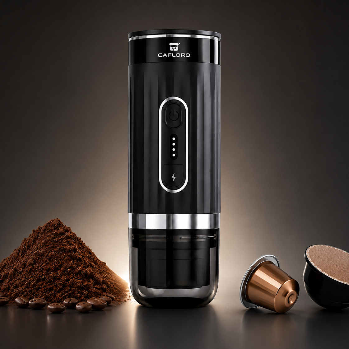 Machine à café portable CAFLORO noire au design premium, compatible avec café moulu et capsules, présentée sur fond sombre.