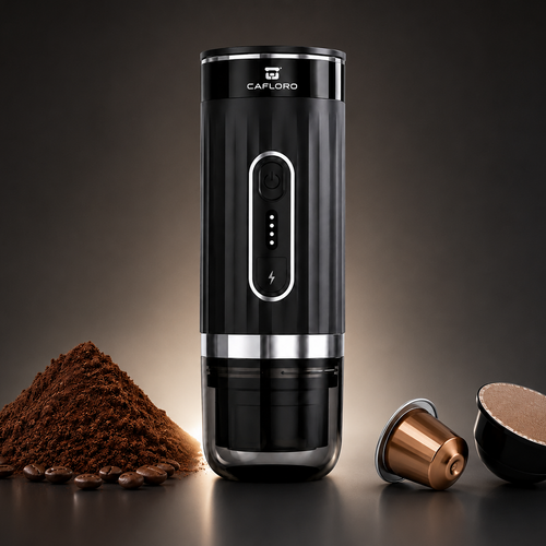 Machine à café portable CAFLORO noire au design premium, compatible avec café moulu et capsules, présentée sur fond sombre.
