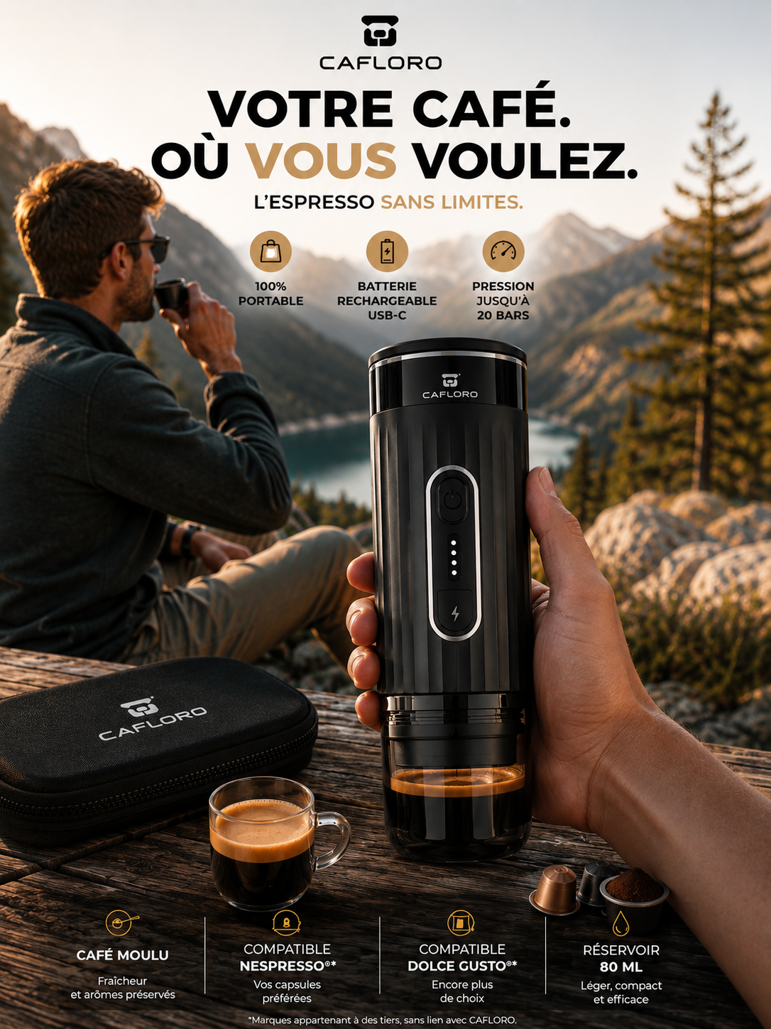 Homme buvant un espresso en pleine nature préparé avec la machine à café de voyage CAFLORO. Infographie avec housse de transport, batterie USB-C, 20 bars de pression et réservoir de 80 ml.